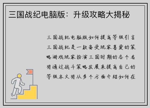三国战纪电脑版：升级攻略大揭秘