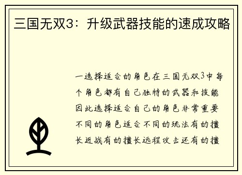 三国无双3：升级武器技能的速成攻略